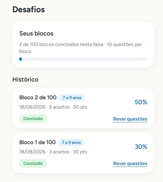 Tela de desafios e histórico do MindUp