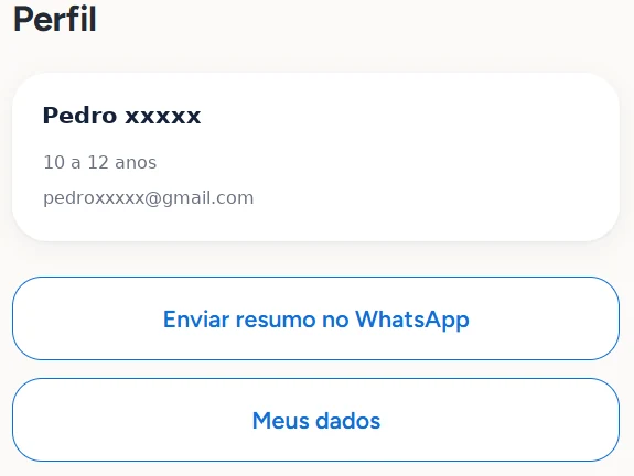 Tela de perfil do Mindup com opção de enviar resumo no WhatsApp