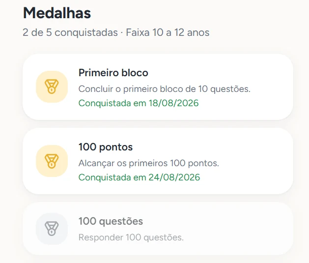Tela de medalhas e conquistas do Mindup