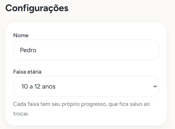 Tela de configurações do Mindup com nome e faixa etária