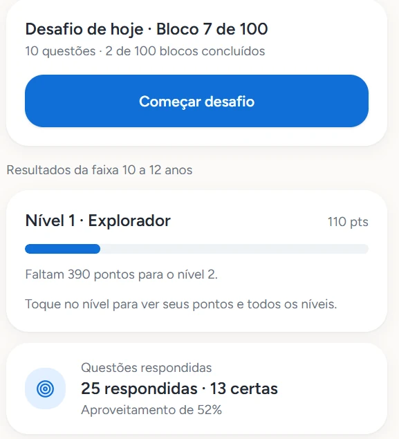 Tela do Mindup com desafio, nível e desempenho