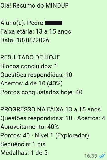Resumo de resultado do MindUp enviado por WhatsApp