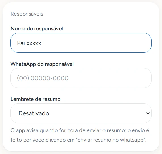 Tela de responsáveis e lembrete de resumo do Mindup