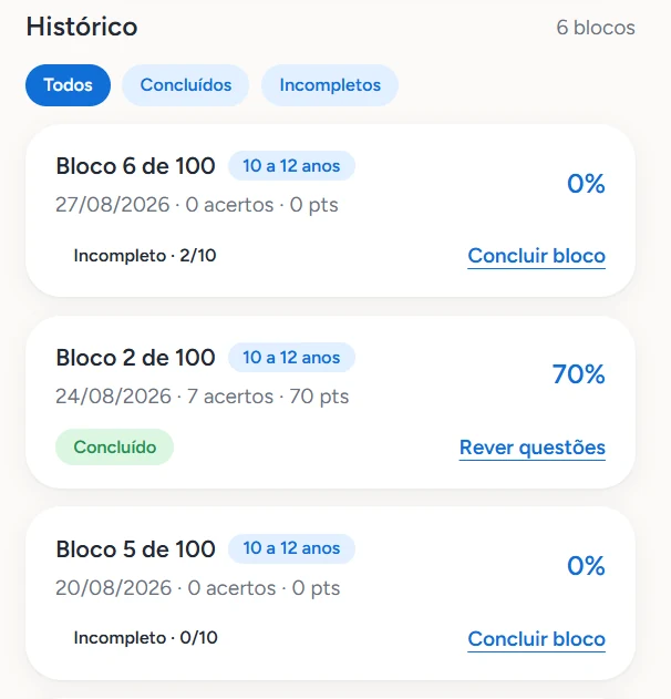 Tela do histórico de blocos do Mindup